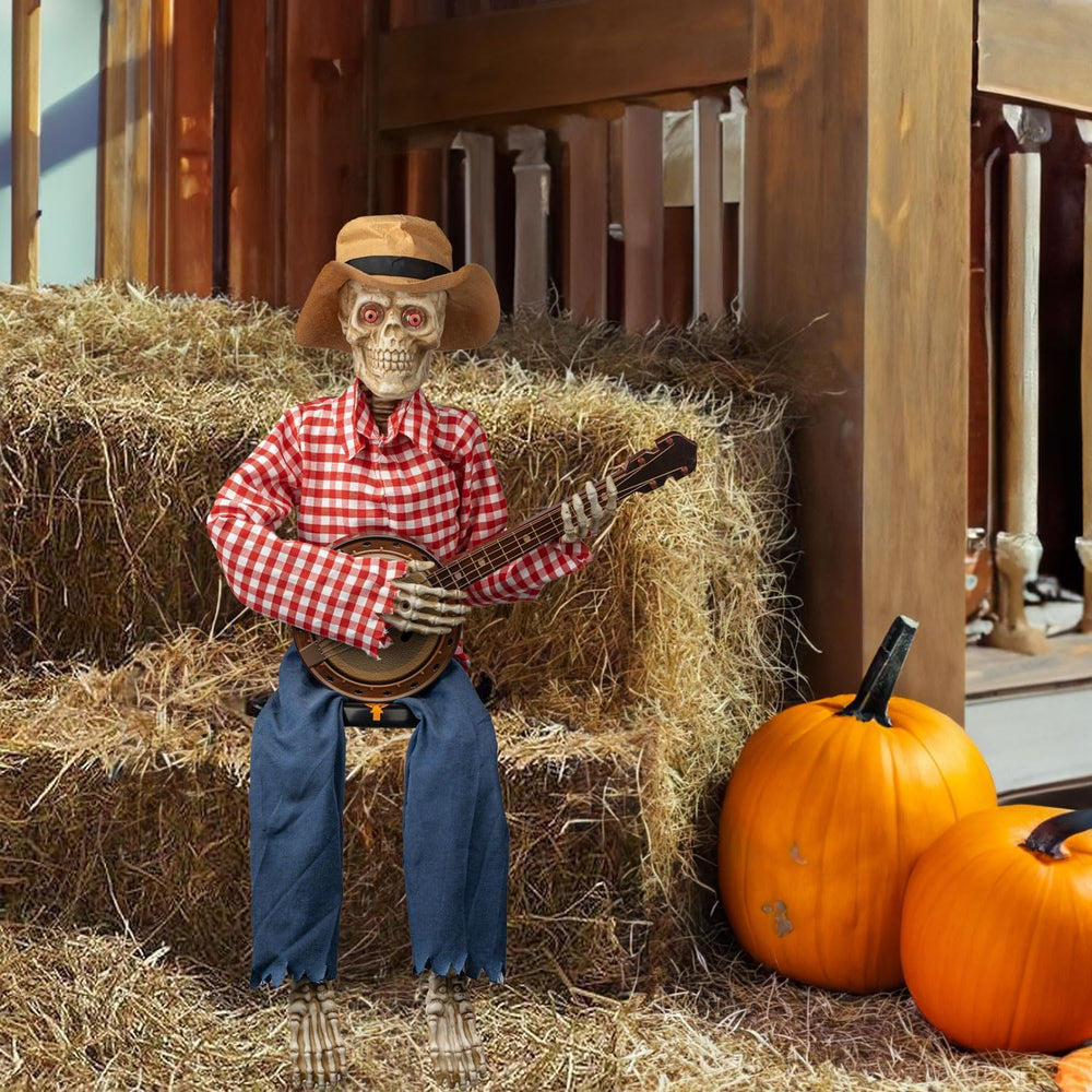 Halloween Animatronics Banjo Skeletons Decorations, Animated Skull with Sound...