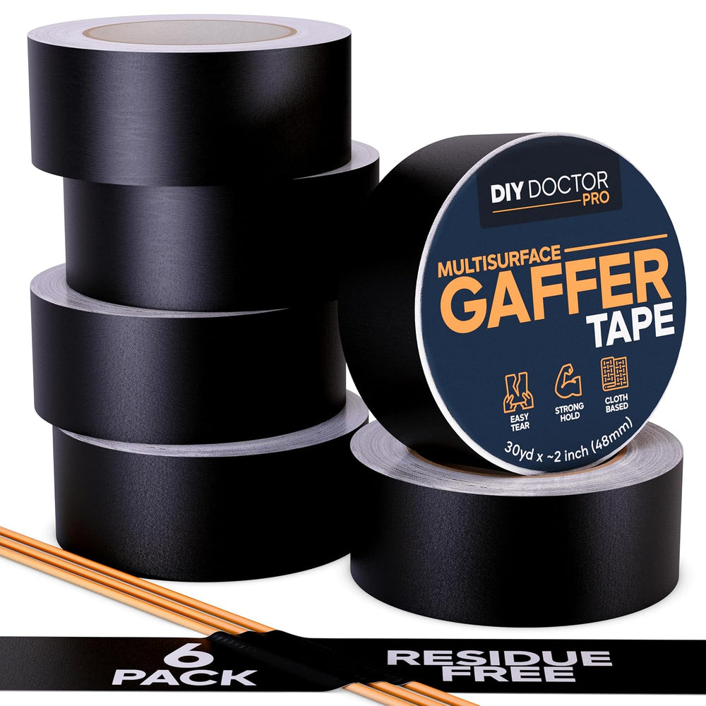 Strong Adhesive Gaffer Tape 2 Inch x 30 Yards Black Matte Cloth - 6 Pack