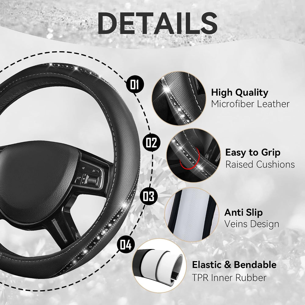 CAR PASS 14 PCS Bling Diamond Car Accessories Set for Women, Leather Seat Cov...