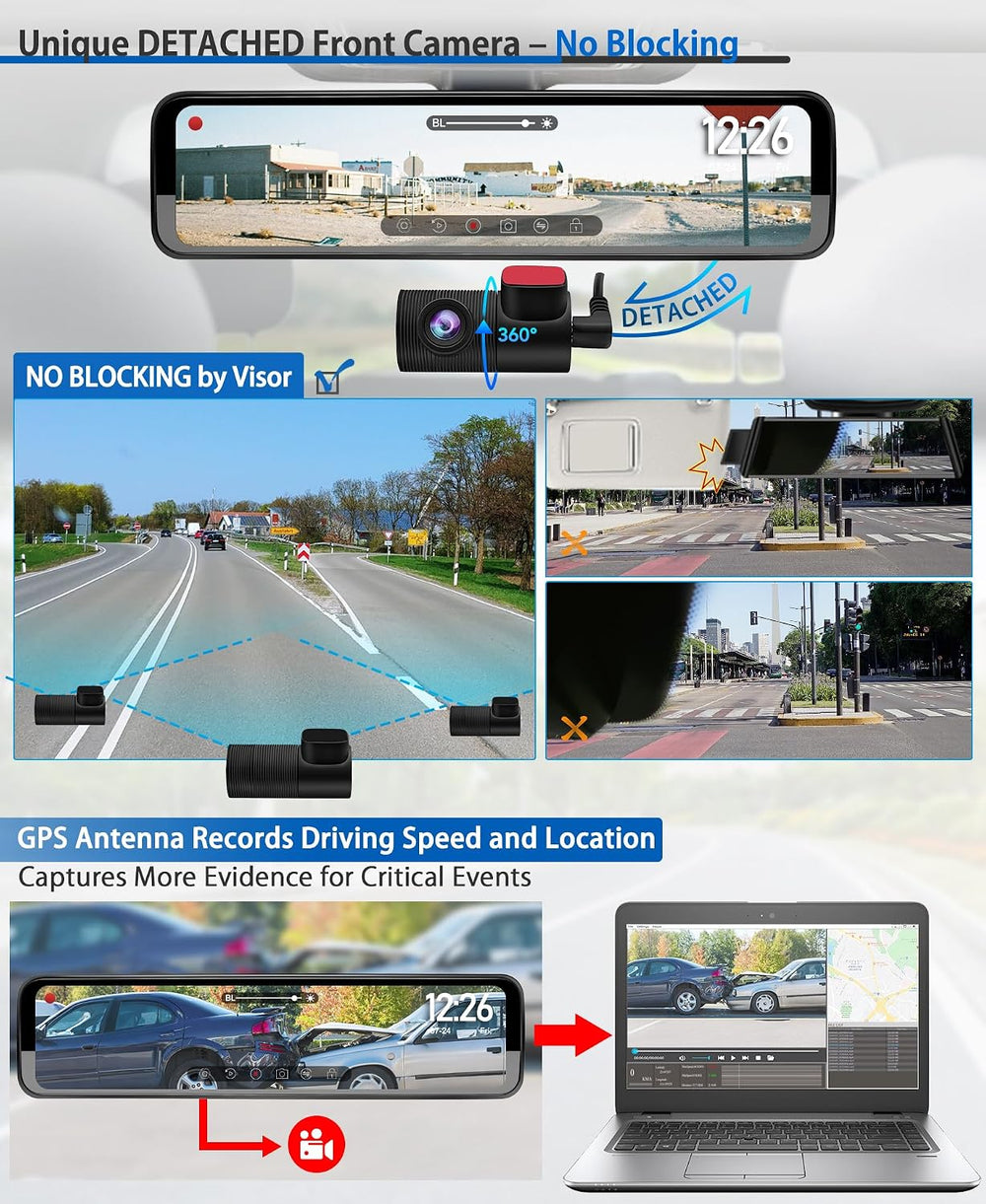 12" Rear View Mirror Dash Cam 3 Channel - Car Rearview Camera Dashcam