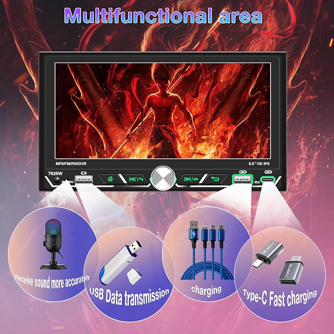 Wireless Apple CarPlay, Double Din Car Stereo, FM AM Car Radio, HD 1280*600