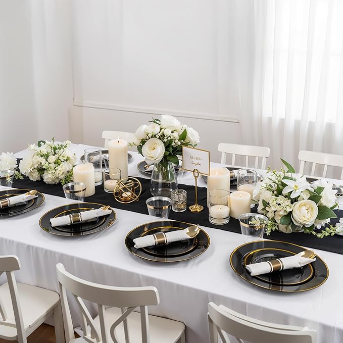 SUT 350 Pcs Black and Gold Plastic Dinnerware Set for 50 Guests, Include: 50 ...