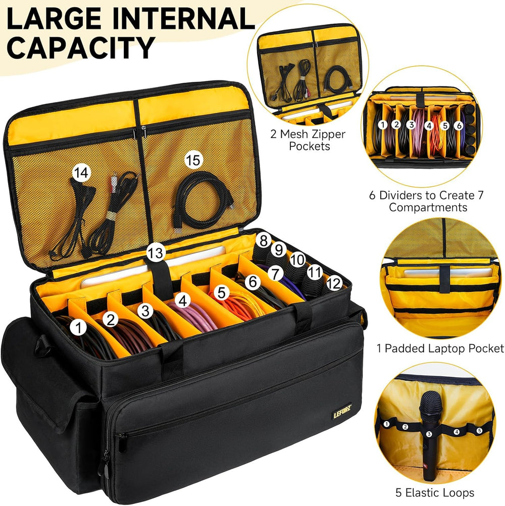 Large DJ Equipment Bag with 6 Detachable Dividers,DJ Cable File Bag with Lapt...