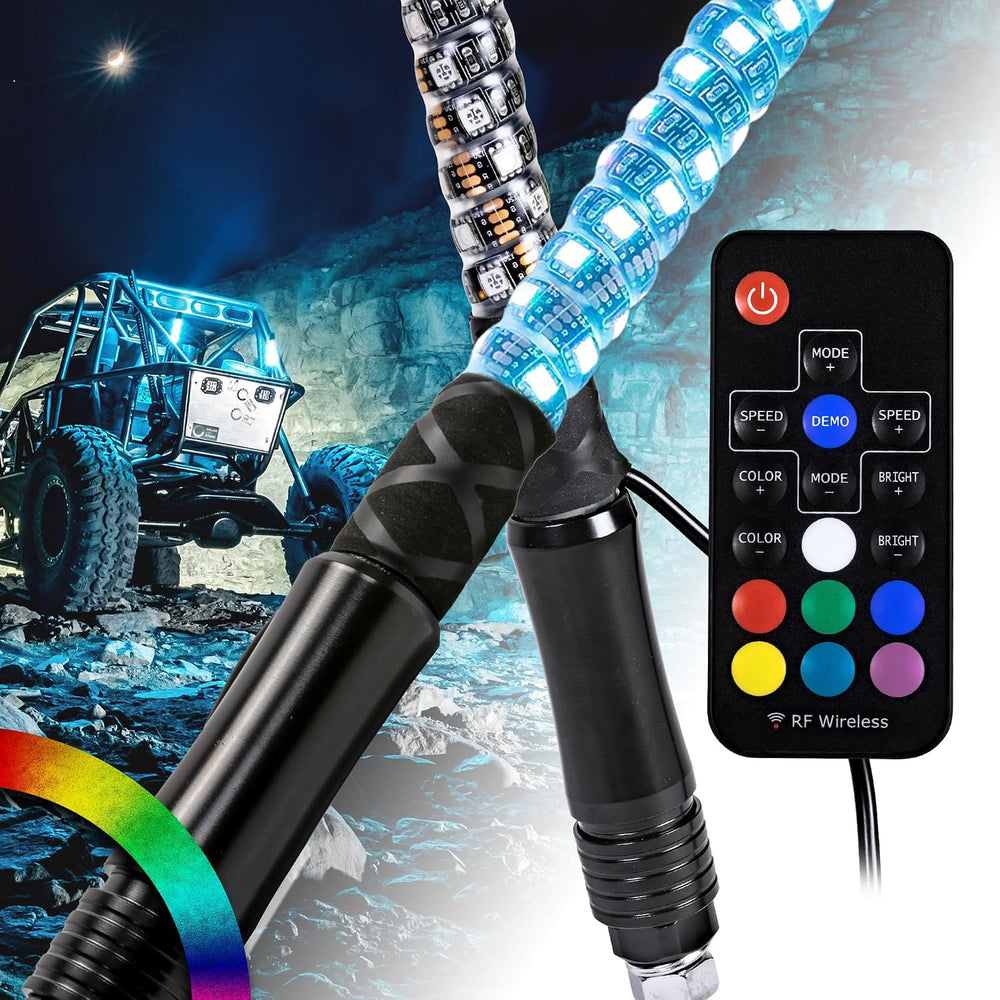 True Mods 2pc 1ft Spiral RGB LED Whip Light for UTV ATV [RF Wireless Remote] ...