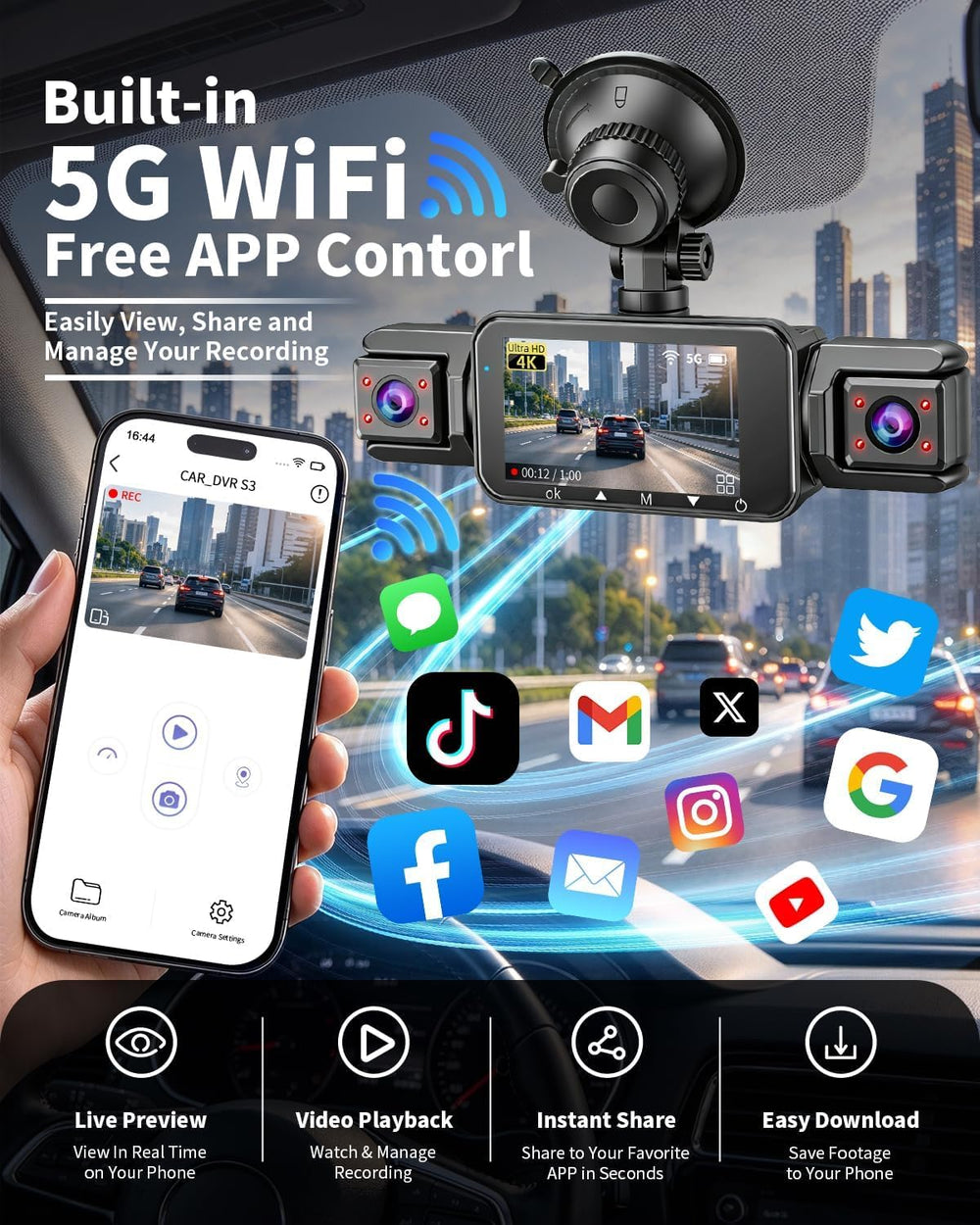 4 Channel Dash Cam Front and Rear, Pahaa 360° Dash Camera with WiFi