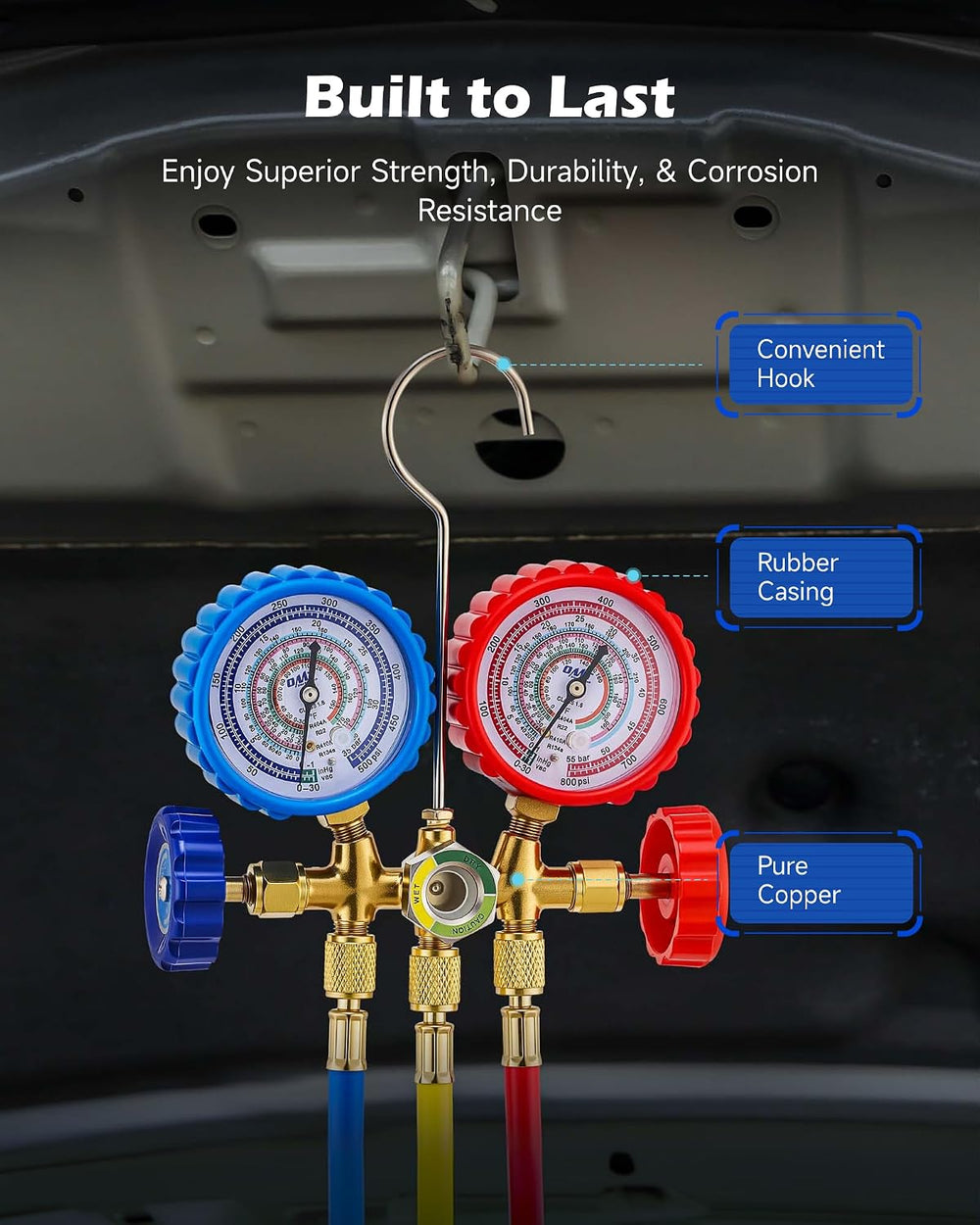 OMT 3-Way AC Gauge Set for R134a R410A R404A R22, 5ft Hoses