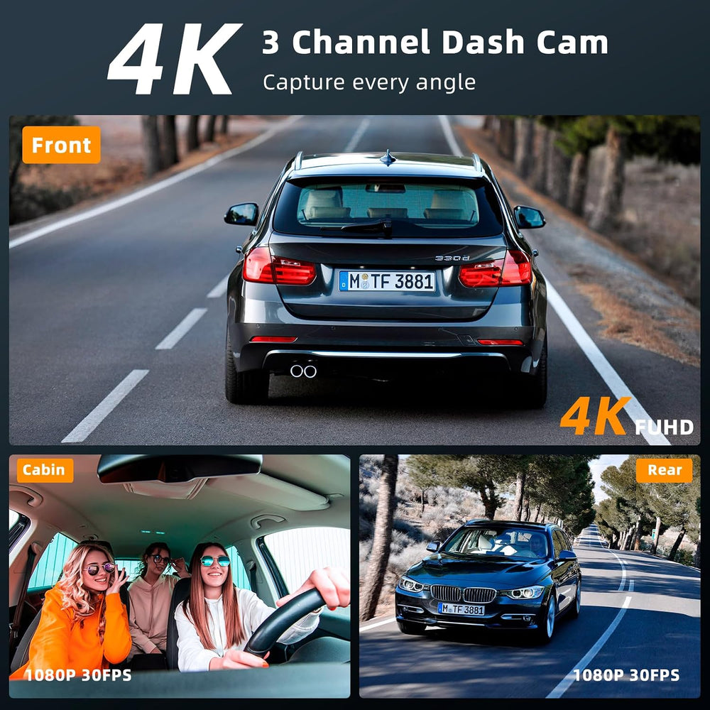 Real 4K 3 Channel Dash Cam, STARVIS2 Sensor HDR, 64GB Card, 5.8GHz WiFi GPS