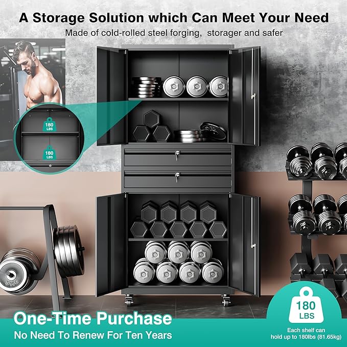 Metal Storage Cabinet with Wheels and Drawers, Rolling Garage Storage Cabinet