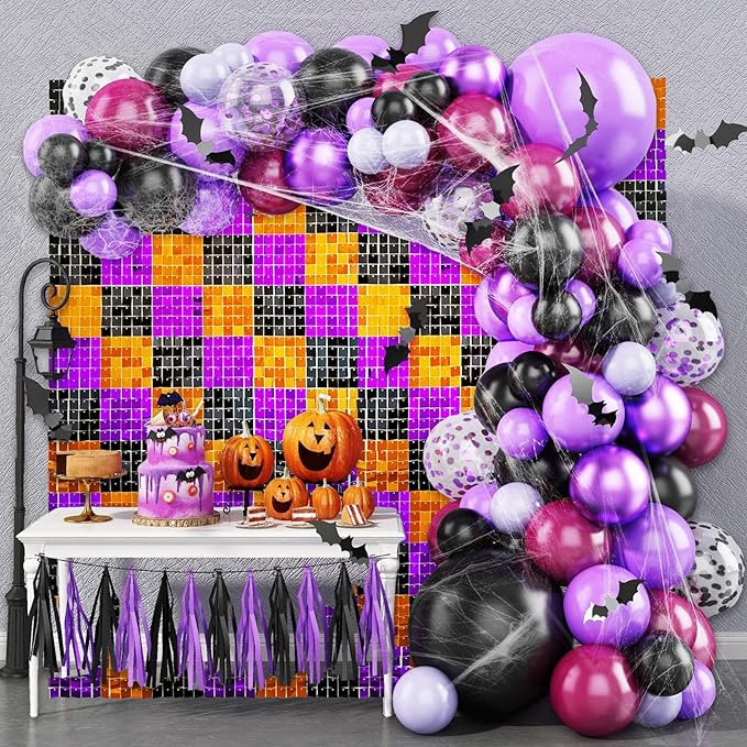 12PCS Black Orange Purple Shimmer Wall Backdrop, Laser Square Sequin Photo Ba...