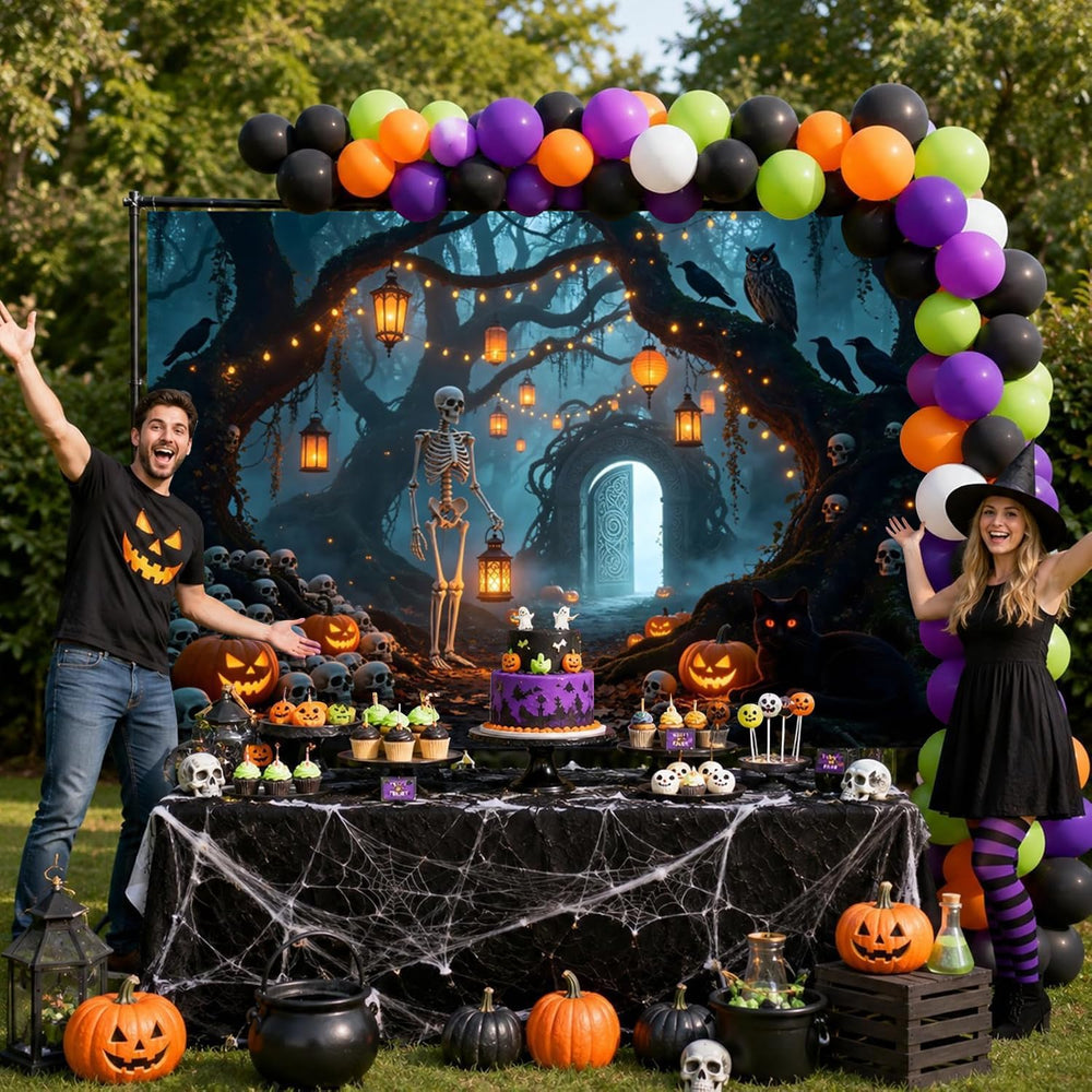 12x10ft Halloween Backdrop for Photography Skeleton Haunted Forest Backdrop