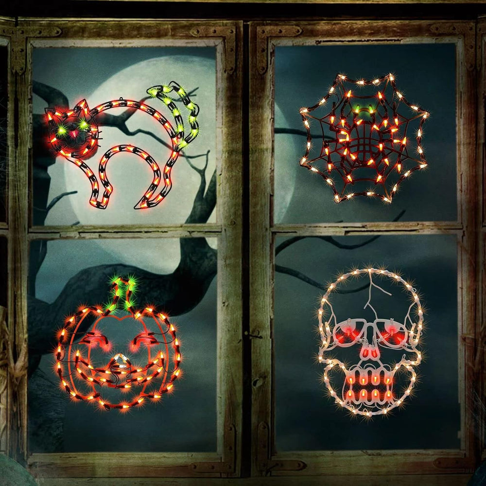 4 Pack Lighted Halloween Window Silhouette Decoration,Jack-O-Lantern, Cobwet,...