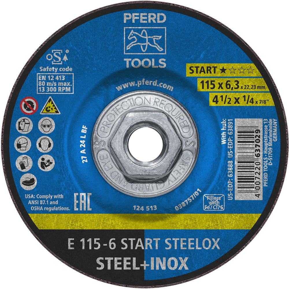 PFERD START STEELOX Type 27 Grinding Wheel, 4-1/2" x 1/4" x 5/8&quo...