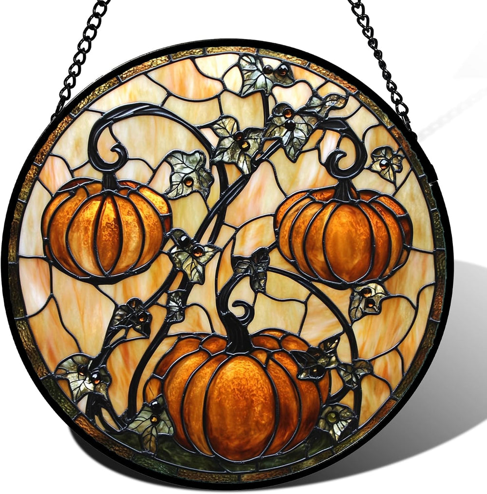 Halloween Orange Pumpkin Vine Leaves Stained Glass Window Hanging Gift 15"