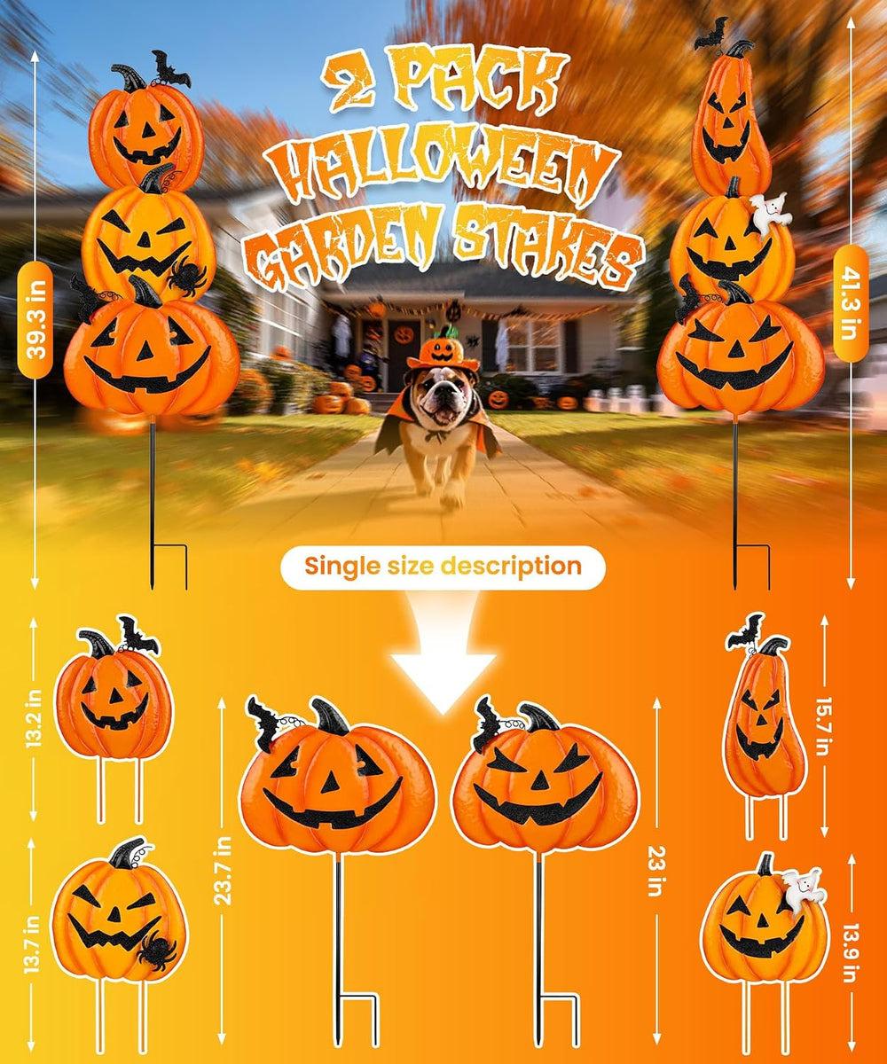 2 Pack Halloween Garden Stakes - Stacked Metal Pumpkins Jack-o-Lantern Lawn D...