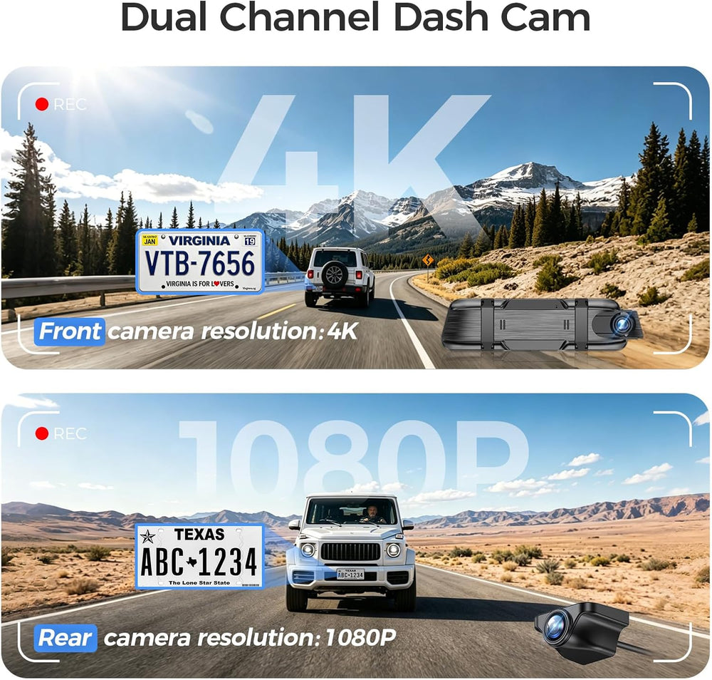 4K Mirror Dash Cam, Rear View Mirror Camera 10'', FHD Full Touch Scre...