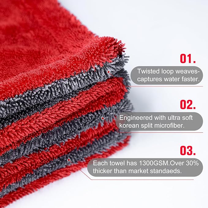 2 Pack XL Car Drying Towel – 1300GSM Ultra Absorbent Microfiber, Twisted Loop
