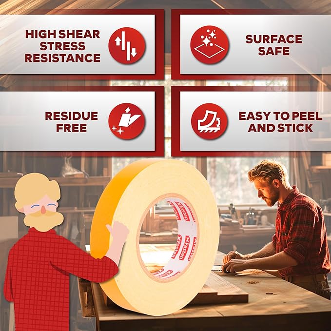 XFasten Bulk Double Sided Woodworking Tape 1-inch, 592 Feet Total Residue-Fre...