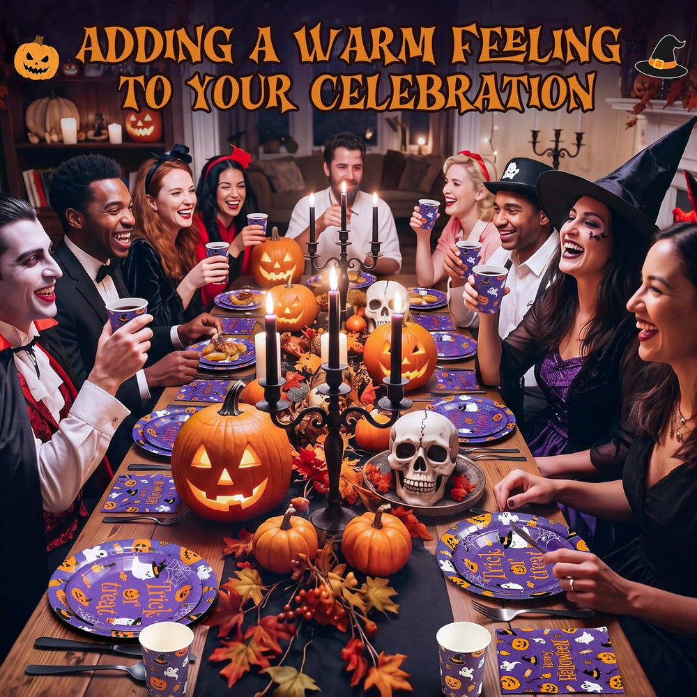 250 Pcs Halloween Party Supplies, Paper Plates Napkins and Cups, Purple
