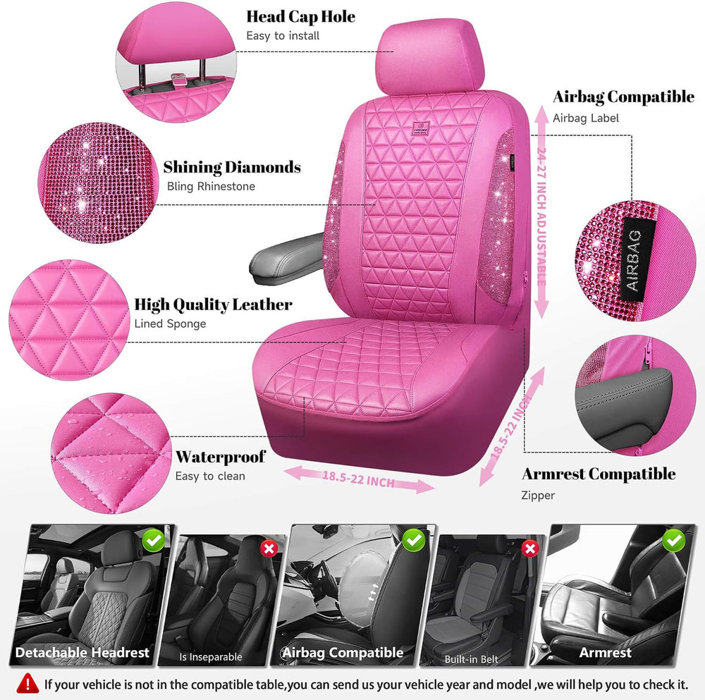 CAR PASS Hot Pink Bling Diamond Leather Car Seat Covers Full Sets, Waterproof...