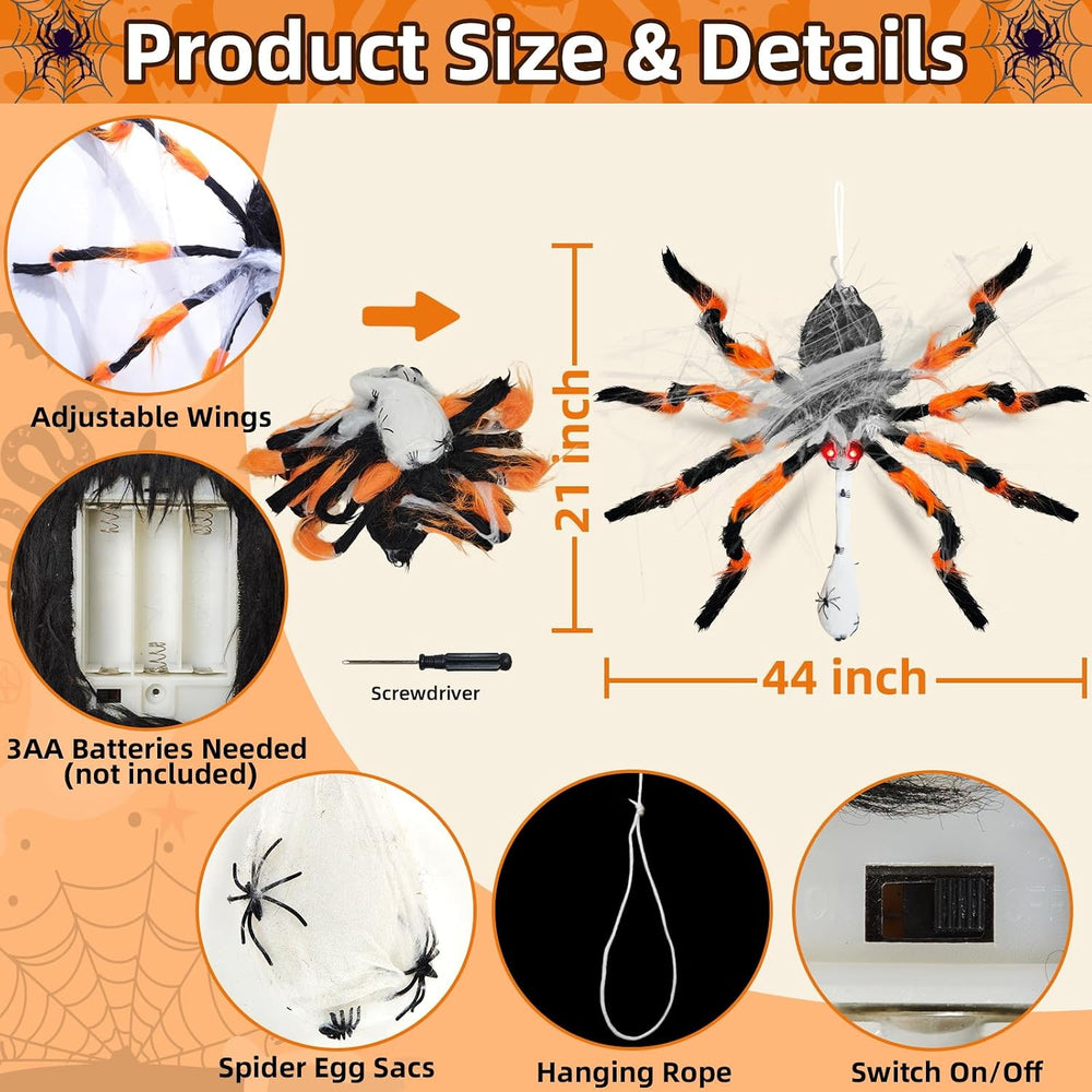 44" Halloween Animatronic Giant Hanging Spider Move Up & Down with E...