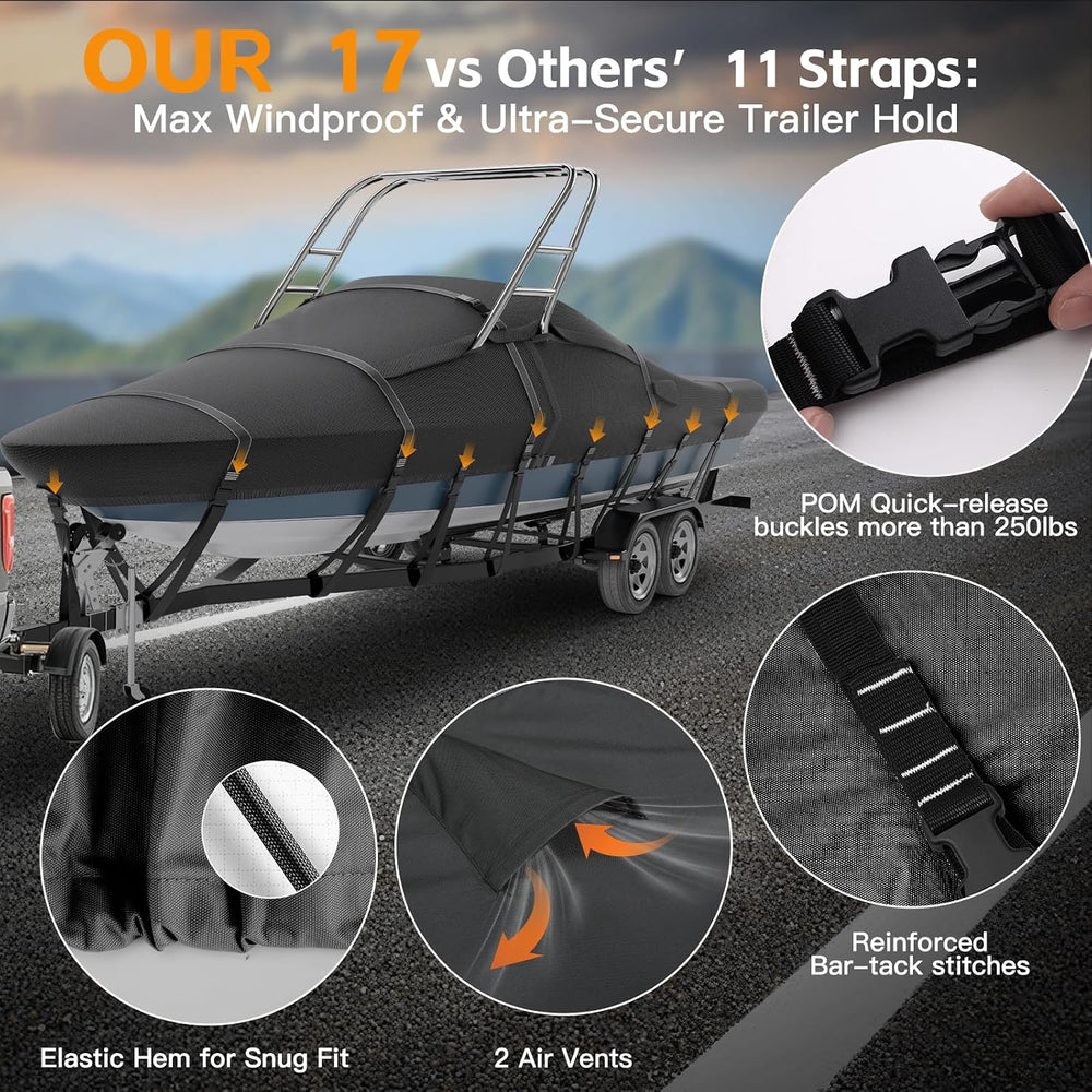 1200D Solution Dyed Ski&Wakeboard Tower Boat Cover with Stoage Bag, 17’-19‘