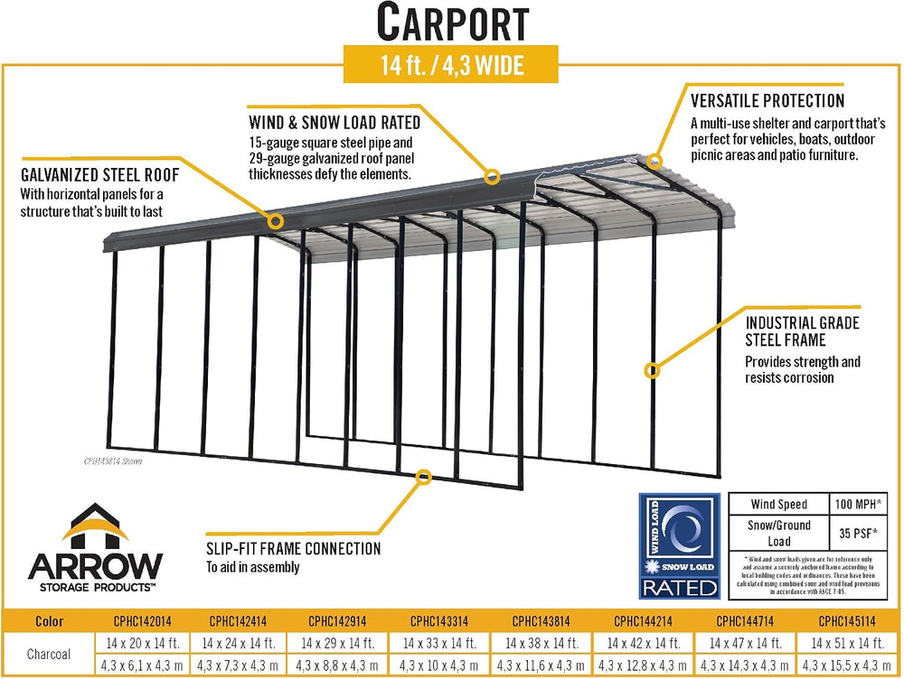 Arrow Carports Galvanized Steel Carport, RV Metal Carport Kit, 14' x 42&#...