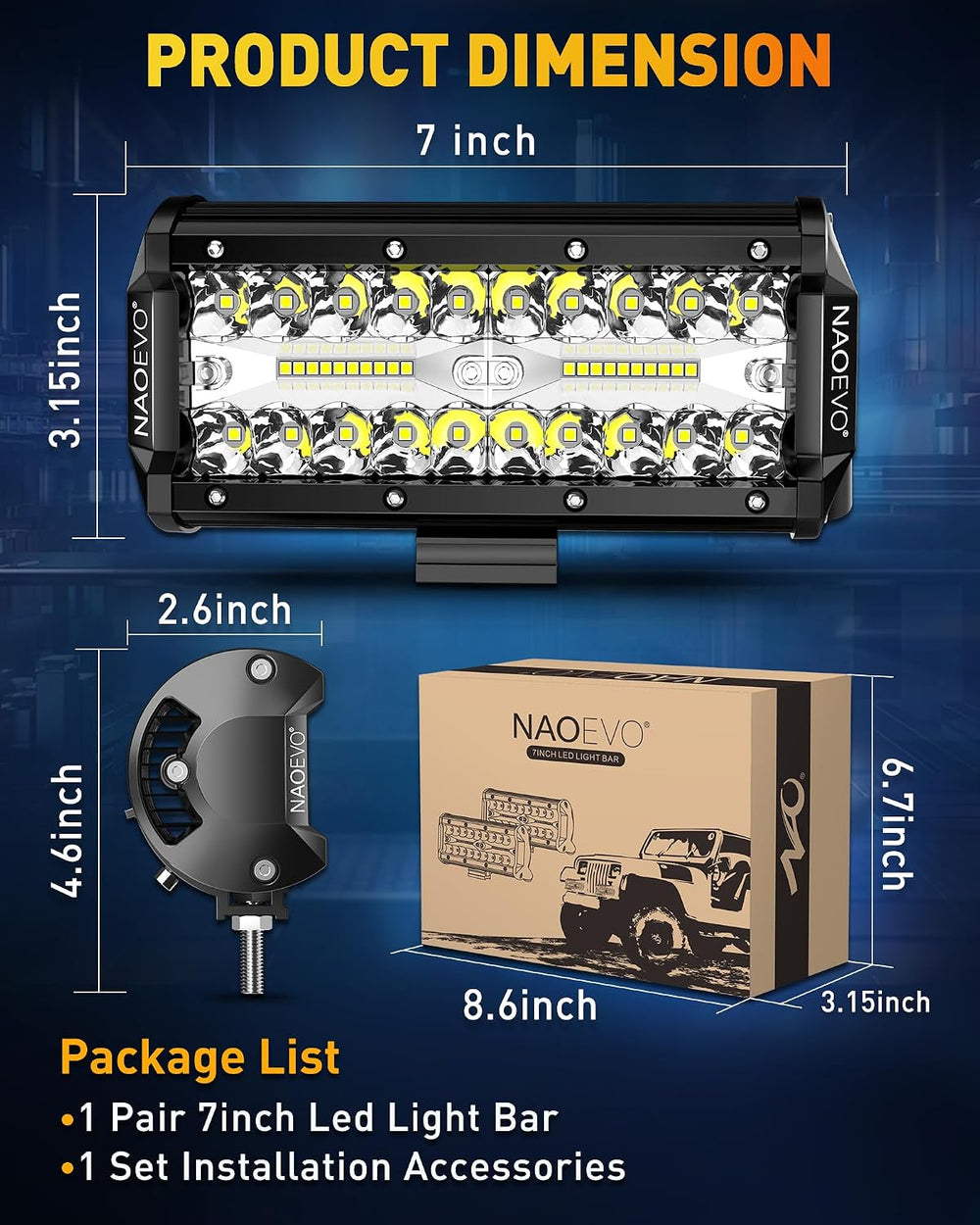 NAOEVO 7 Inch LED Light Bar, 240W 24,000LM LED Fog Lights, White