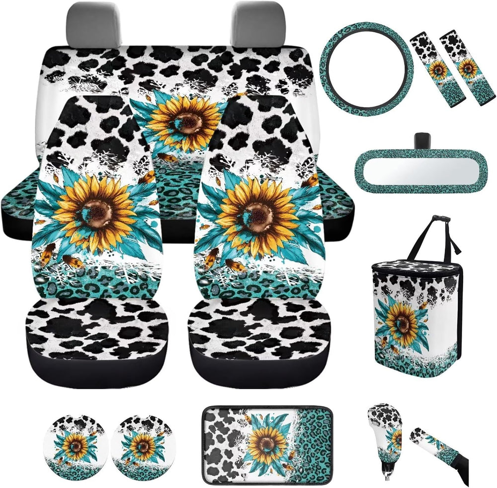 14Pcs Sunflower Cow Print Car Accessories Full Set for Women Man,Sunflower Ca...
