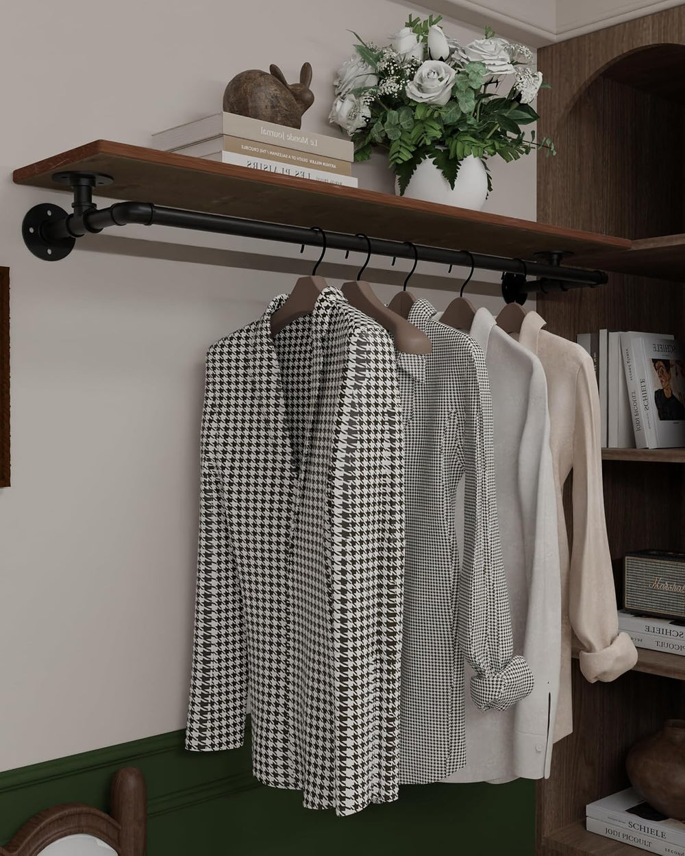 Clothes Rack 48in, Wall Mounted Garment Rack with Real Wood Shelf, Heavy Duty...