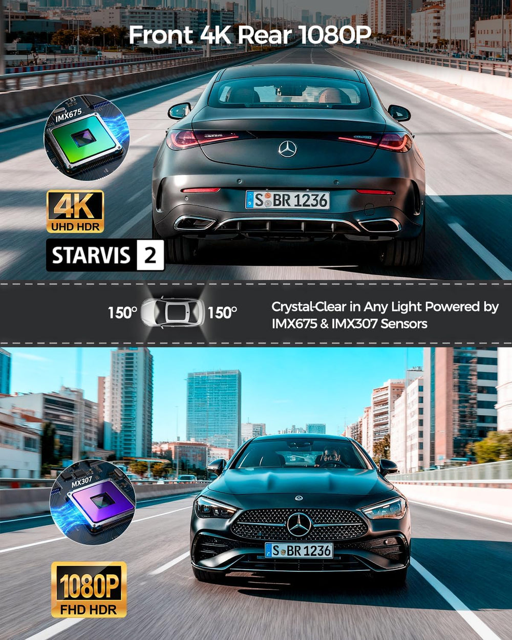 4K STARVIS 2 Dash Cam Front and Rear, Dual HDR WDH Camera for Cars