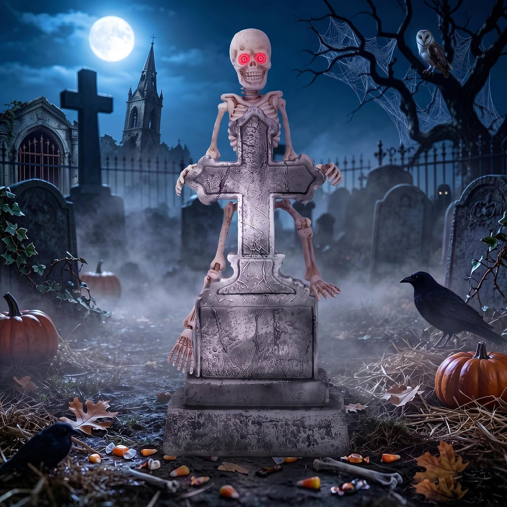 46" Halloween Animatronic Tombstone Decor, Sound‑Activated Swaying Skeleton