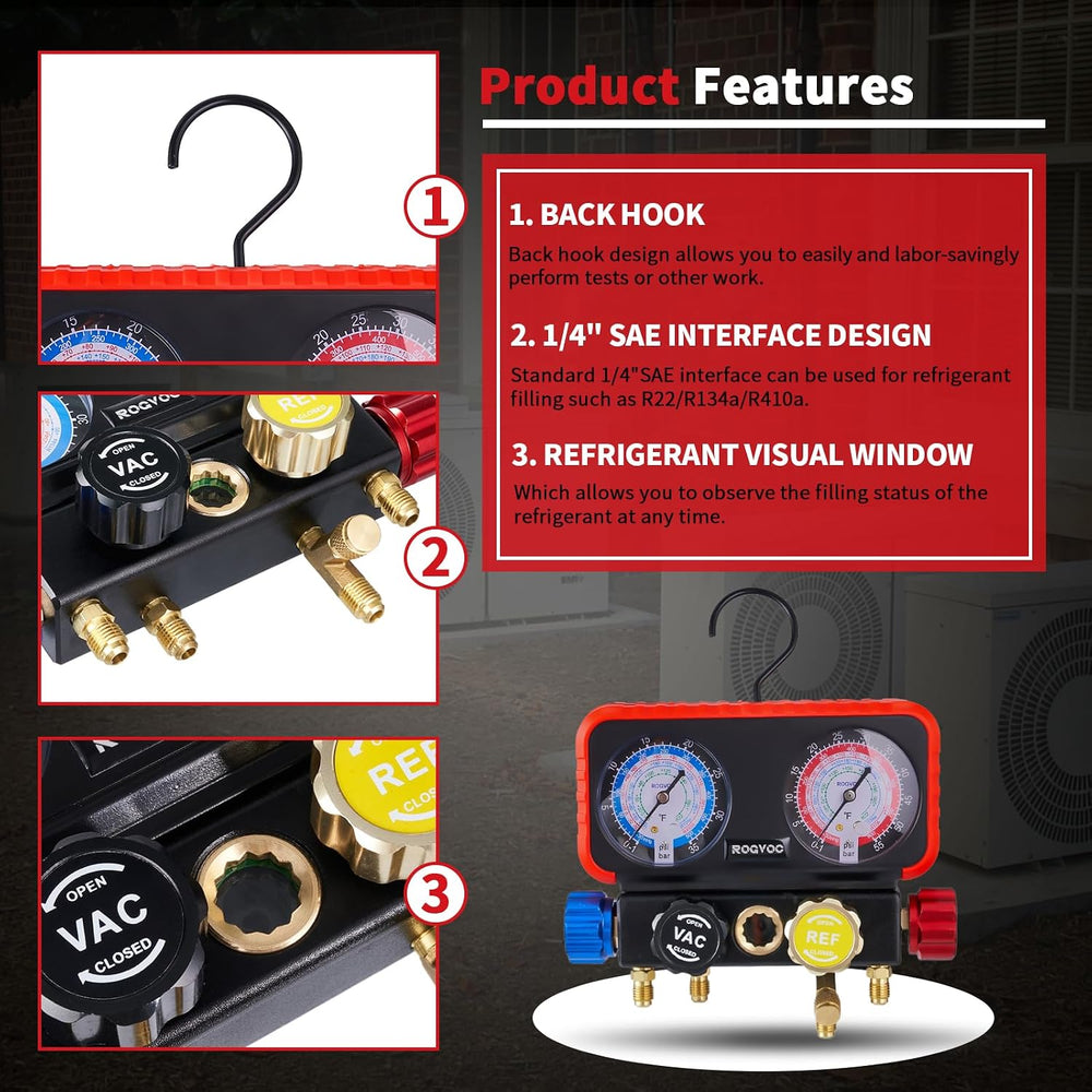 HVAC 4-Way Manifold Gauge Set for R22/R410a/R134a Refrigerant