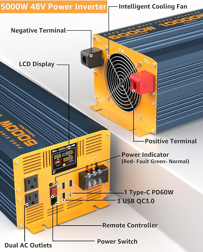 5000 Watt Power Inverter Pure Sine Wave 48V DC to 110V 120V 10000W Peak Heavy