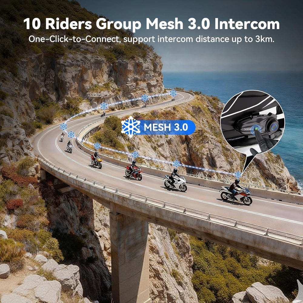 XGP X10 10 Riders Group Mesh Motorcycle Intercom, 3000m Motorcycle Bluetooth ...