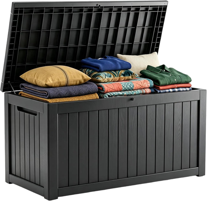 201 Gallon Large Resin Outdoor Storage Box, Waterproof Deck Box with Lockable Lid, Outside Storage Box for Patio Furniture, Pool Accessories, Garden Tools, Storage Bench for Backyard, Porch, Black