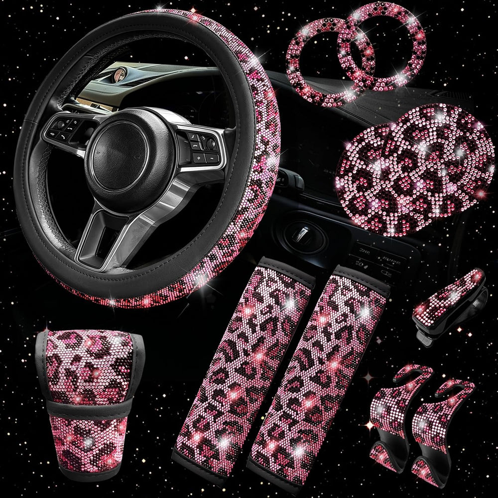 11 pcs Bling Pink Leopard Car Accessories Set for Women, Cheetah Print Steeri...