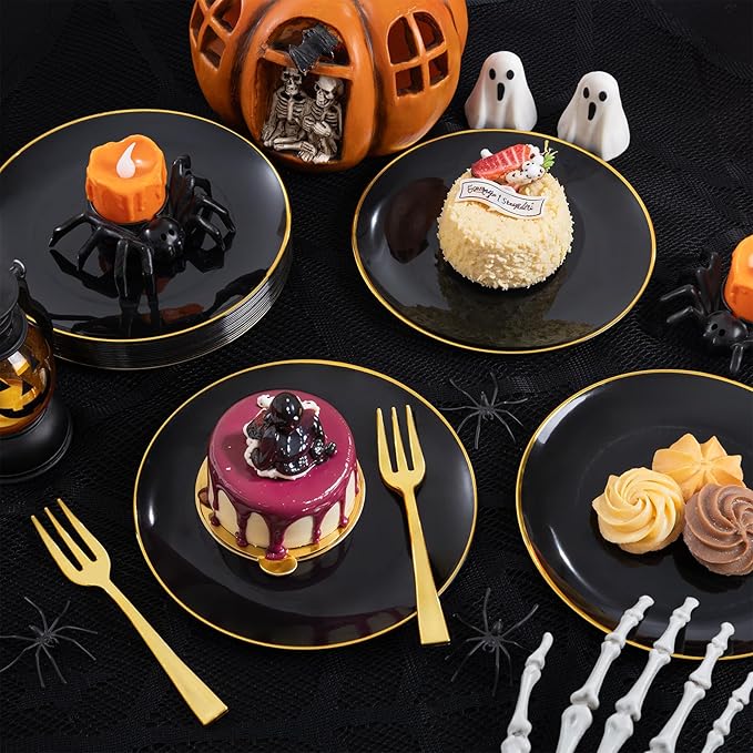 Festiva 200Pcs Black Gold Dessert Plates 6.3" with Plastic Forks 5"...