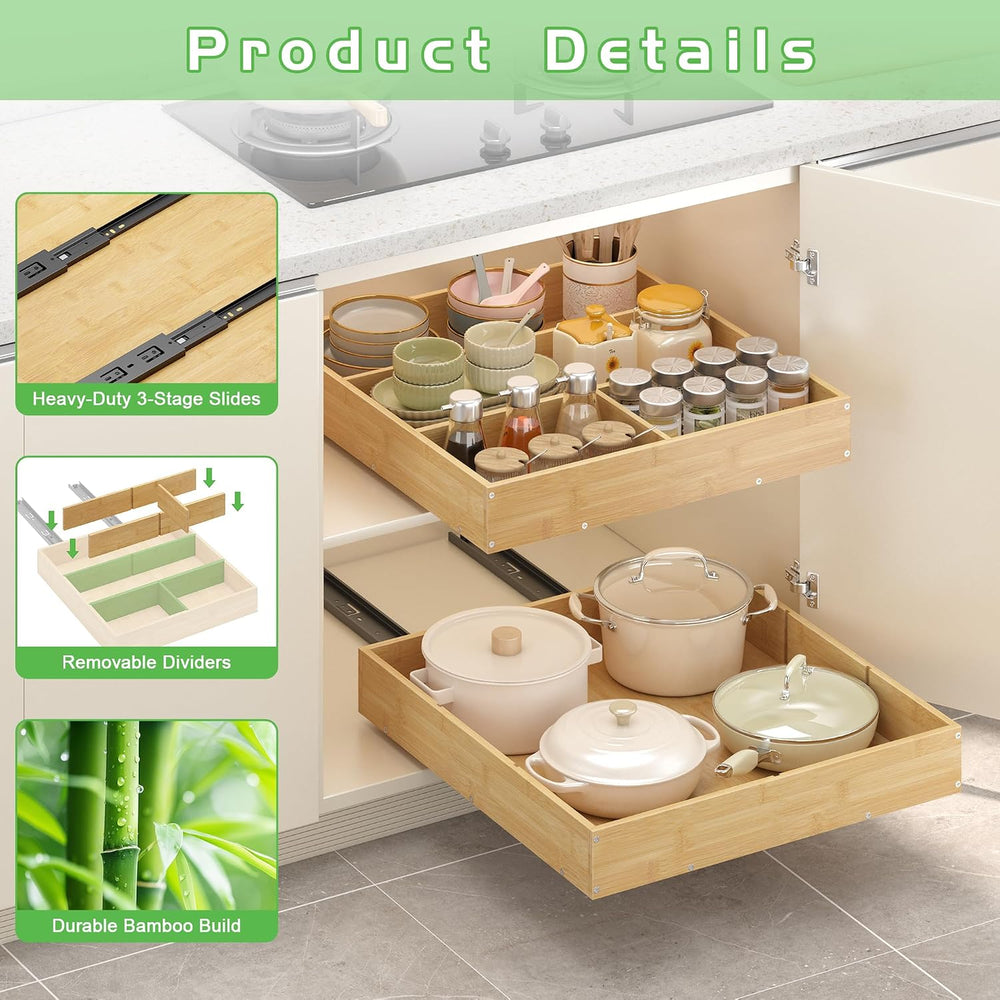 No Drill Pull Out Drawers for Cabinets, 20" W x 21" D Bamboo Adhesi...