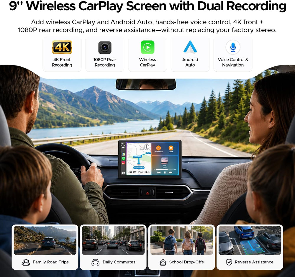 9" Wireless CarPlay Screen, 4K Front + 1080P Rear Dual Dash Cam