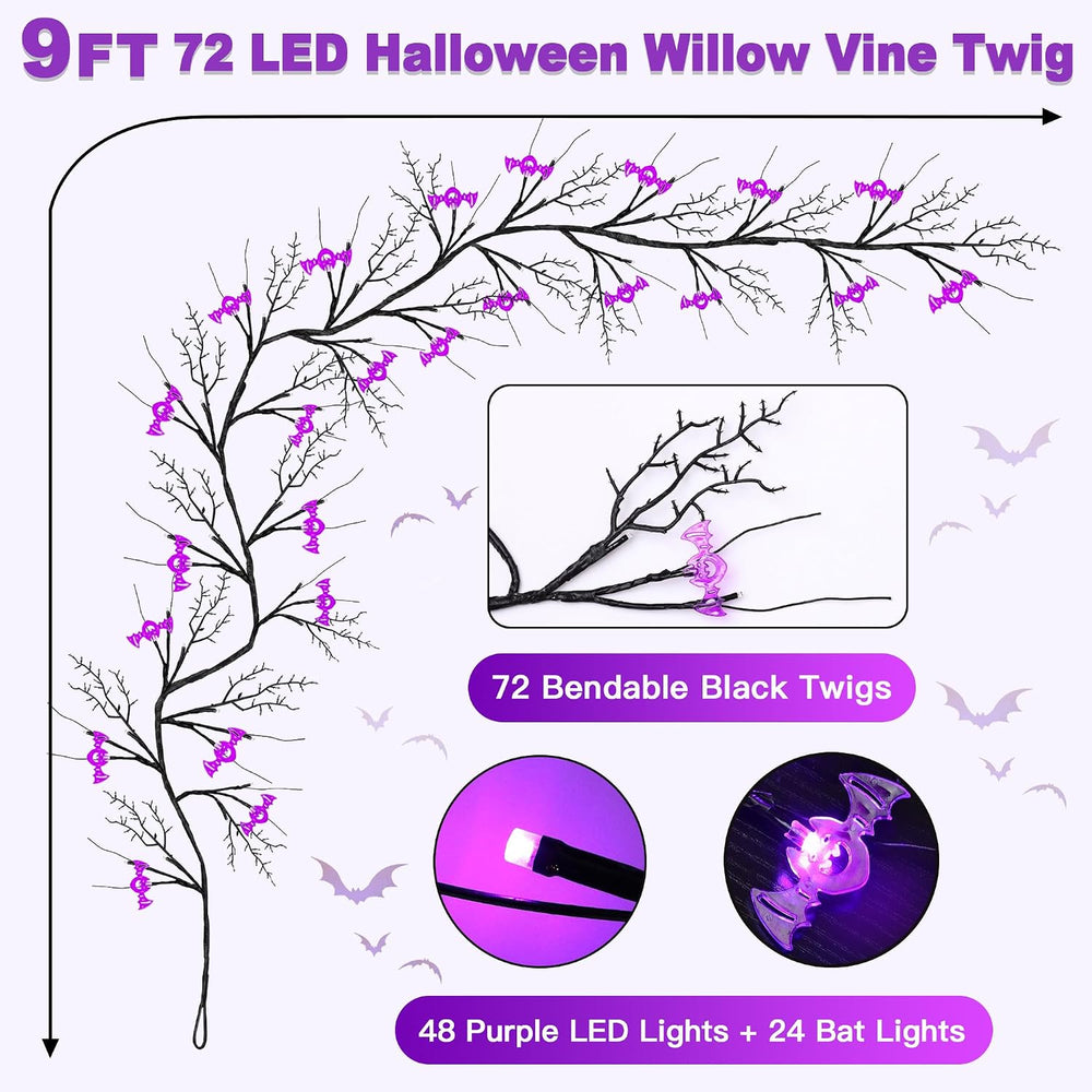 9FT 72 LED Willow Vine Twig Decor Black Halloween Garland with Bat & Purp...