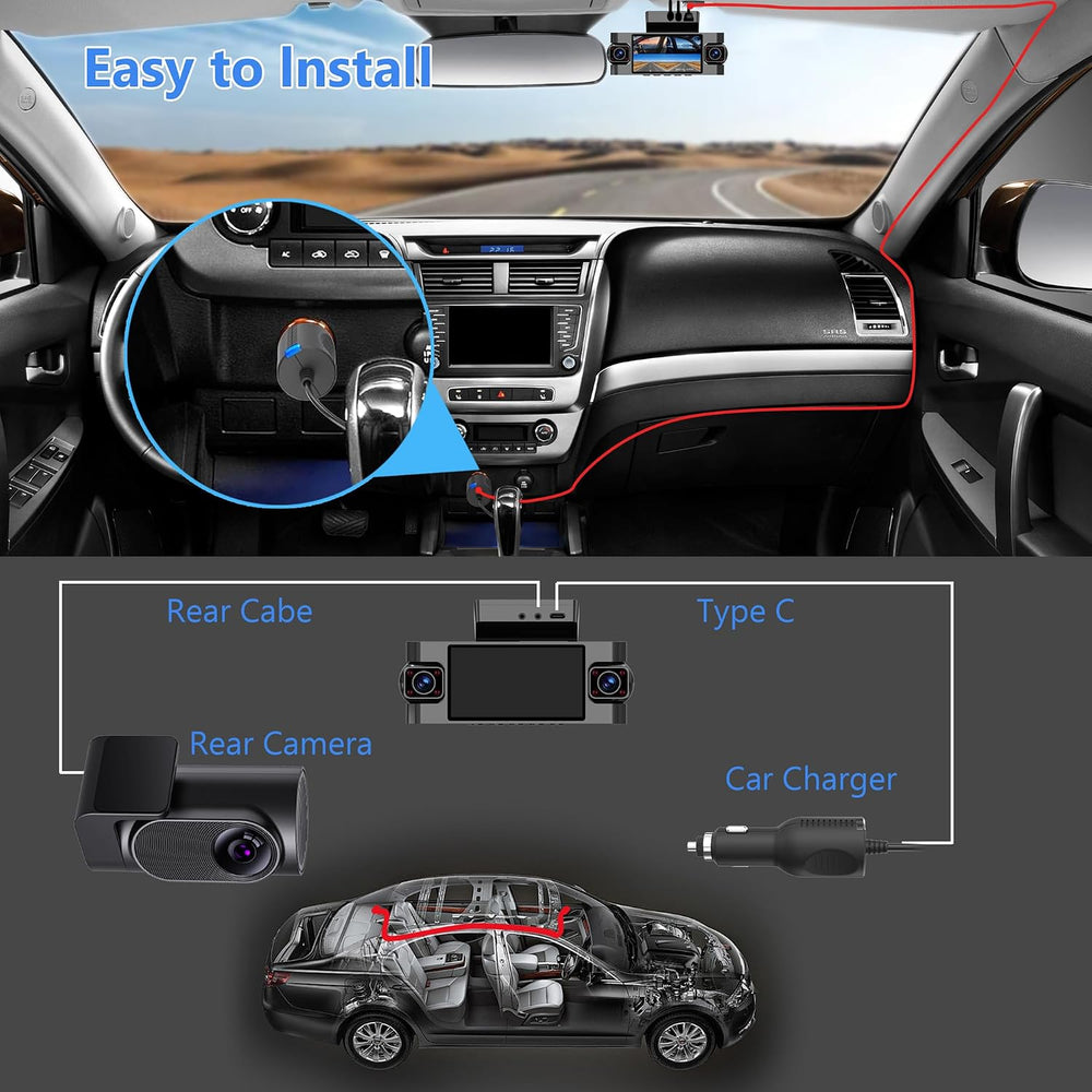 4K 4 Channel Dash Cam Front and Rear, 360 Car Camera, GPS & WiFi, 64GB Card