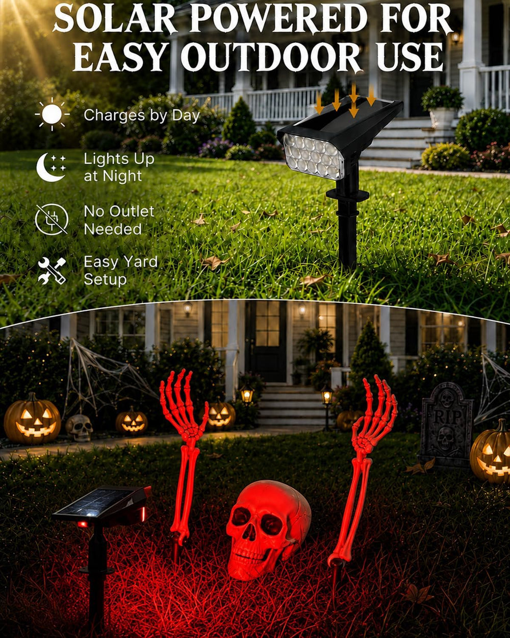Solar Halloween Lights Outdoor with Skeleton Head and Hands