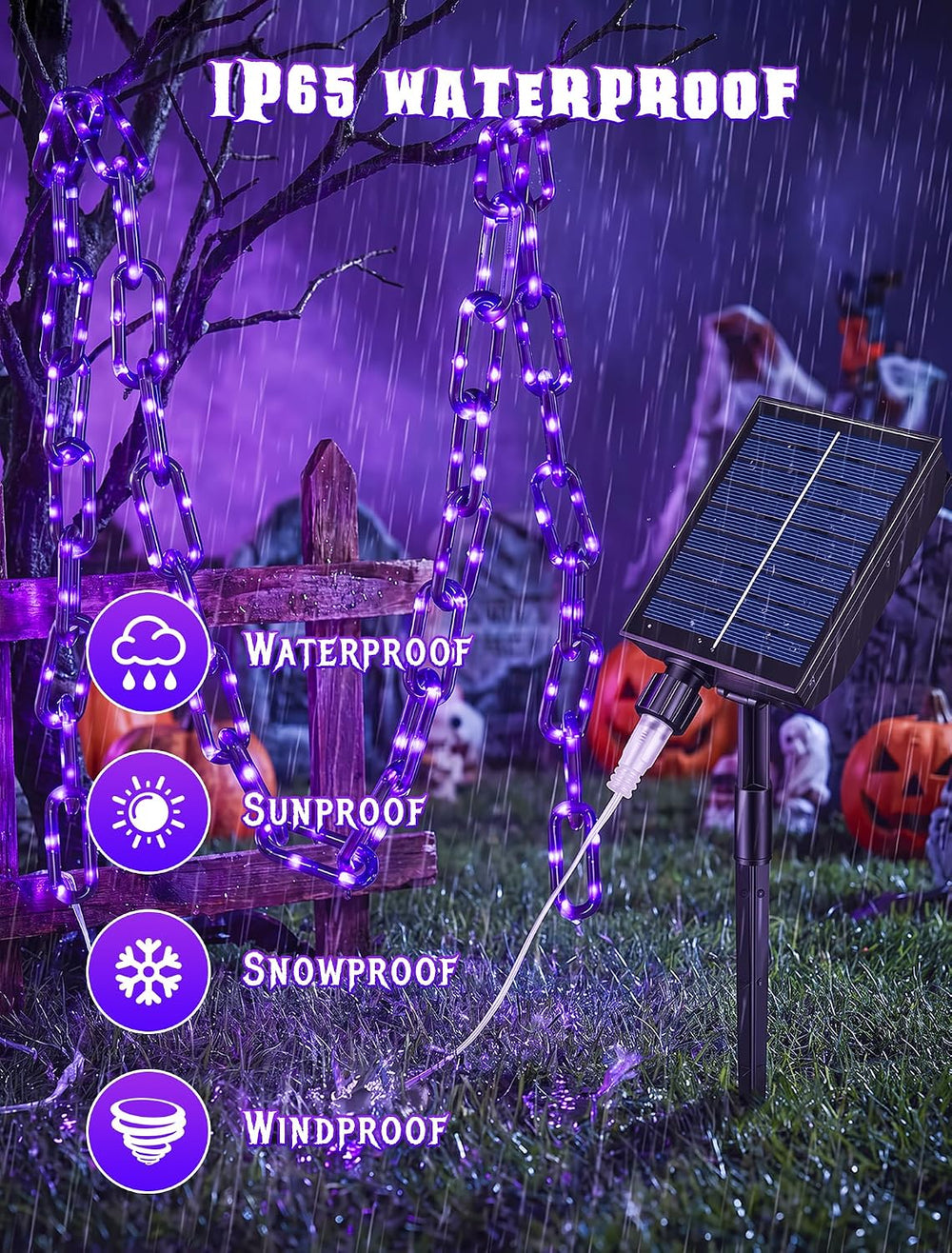 Solar Halloween Decorations Purple Plastic Chain Lights, 10.4 FT