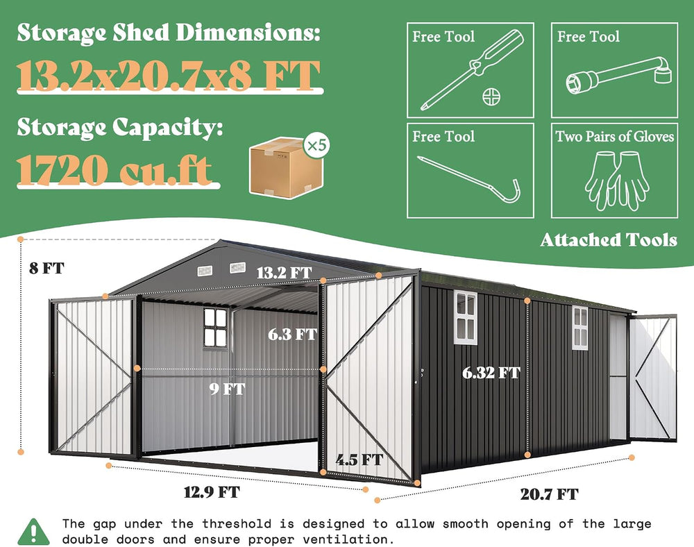 AMERLIFE 13x21x8 FT Garage Shed with 3 Lockable Doors & Reinforced Fram