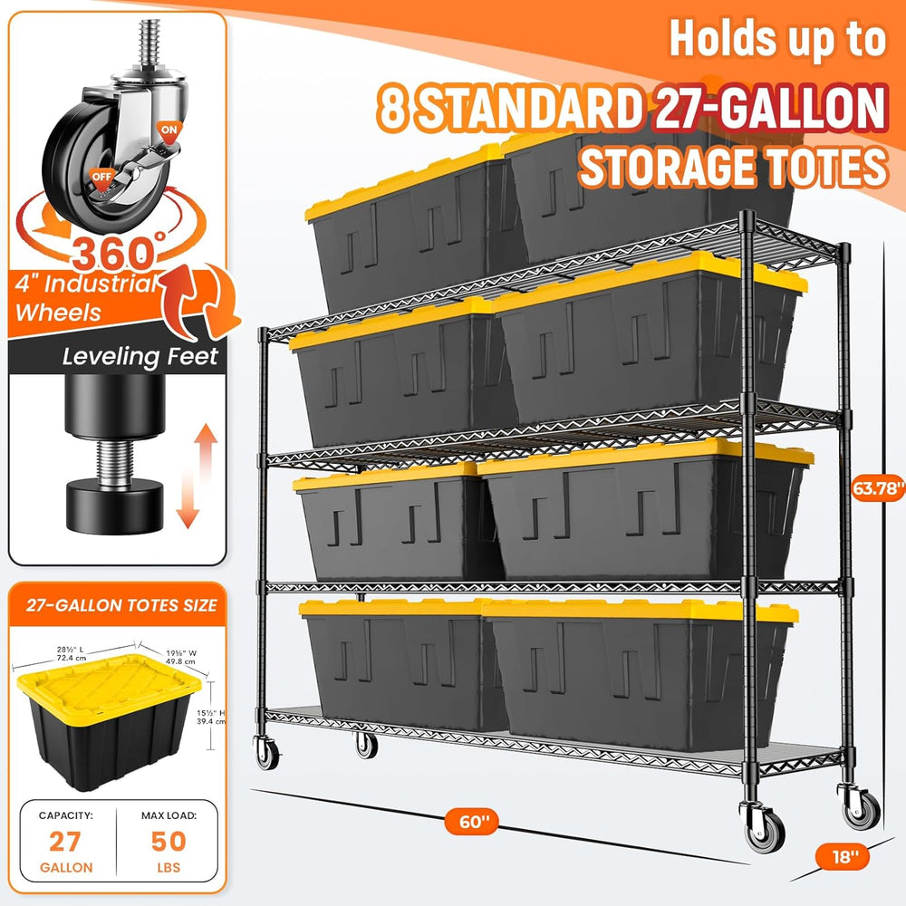 60'' W Heavy Duty Shelving with Wheels, Adjustable Storage Rack