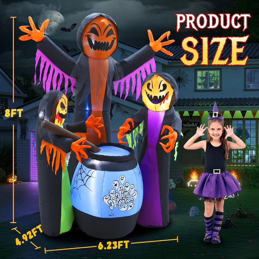 8FT Halloween Inflatables Three Witch Around Cauldron with Light Yard Decor