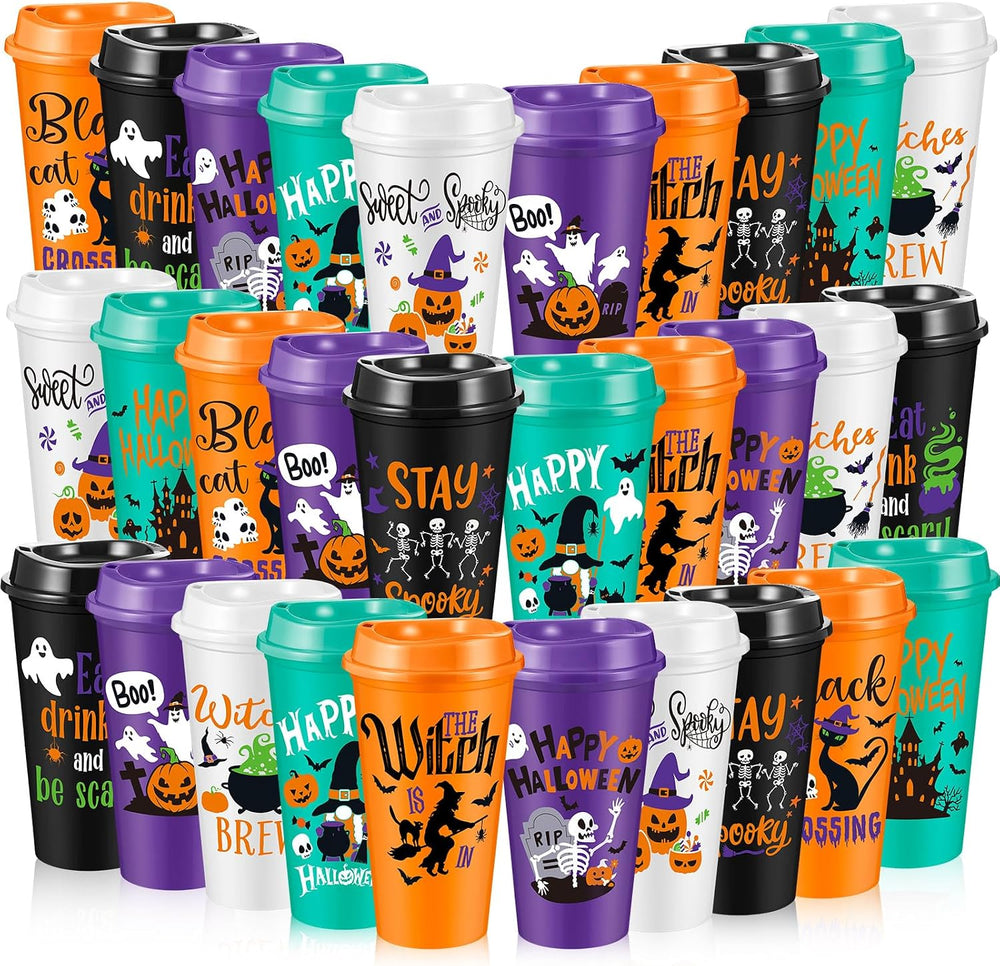 Chuangdi 30 Pack Halloween Cups with Lids Straws 16 oz Pumpkin