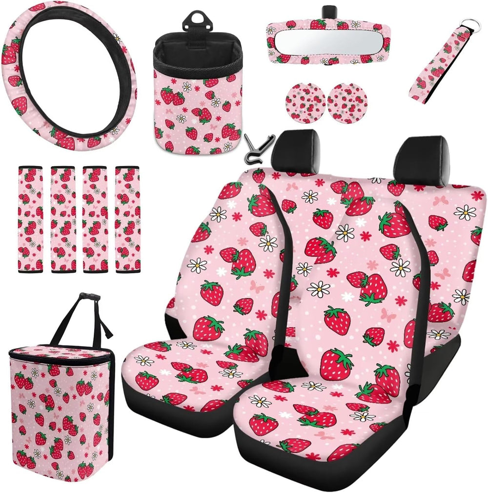 Car Accessories Pink Strawberry Car Seat Cover Full Set Include Cup Coasters ...