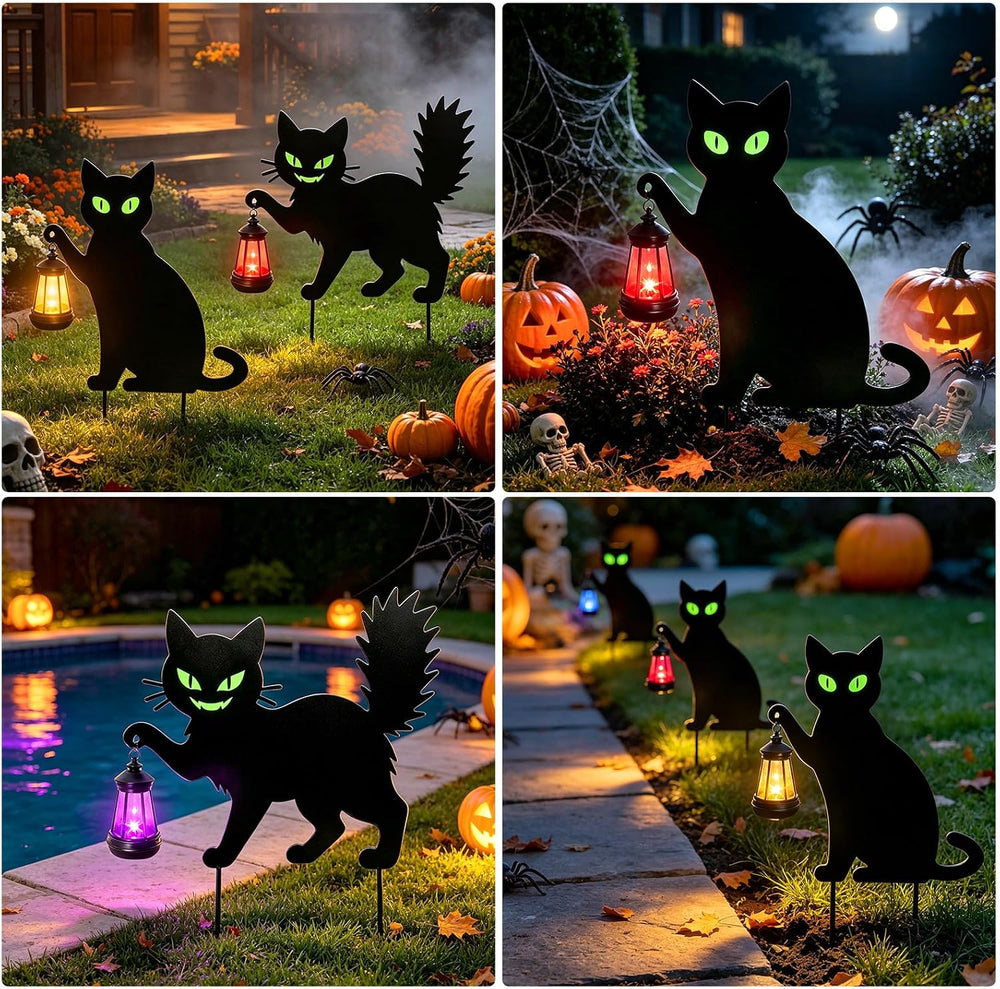 Halloween Spooky 2 Types Black Cat Yard Signs with Lantern(2PCS)