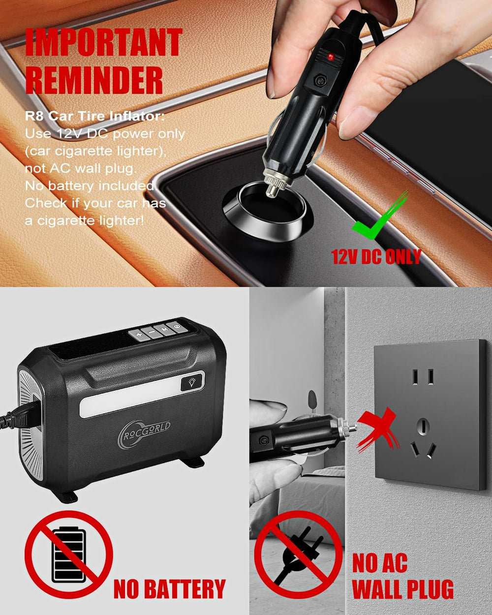 ROCGORLD R8 Tire Inflator Portable Air Compressor, DC 12V Air Compressor Port...